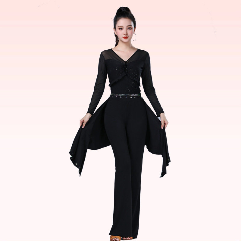 2026新款吉特巴上衣女长袖广场舞服装女三步彩黑色网纱流苏珠子舞
