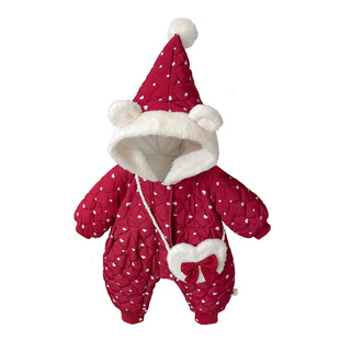 2025新款婴儿连体衣冬季喜庆红色棉服女宝宝冬装加绒夹棉尖尖