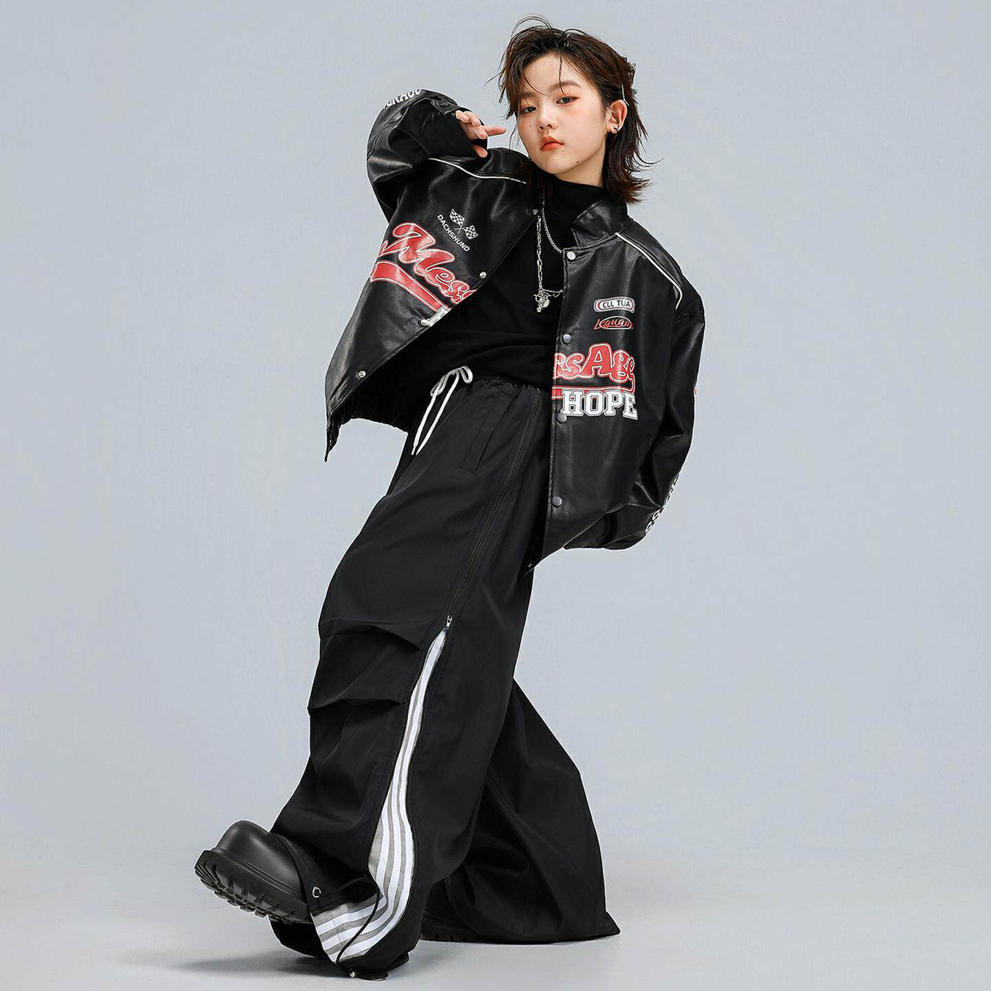 2026新款街舞儿童潮服男女童机车风酷帅皮衣嘻哈套装少儿hiph