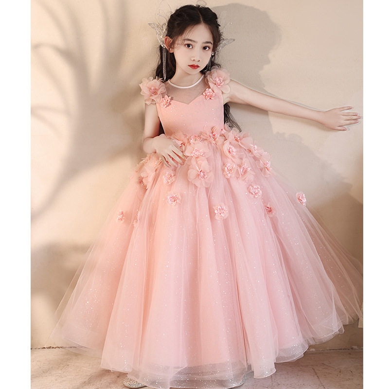 儿童礼服公主裙2026新款小花童粉色花朵女童主持人钢琴演出服厂家