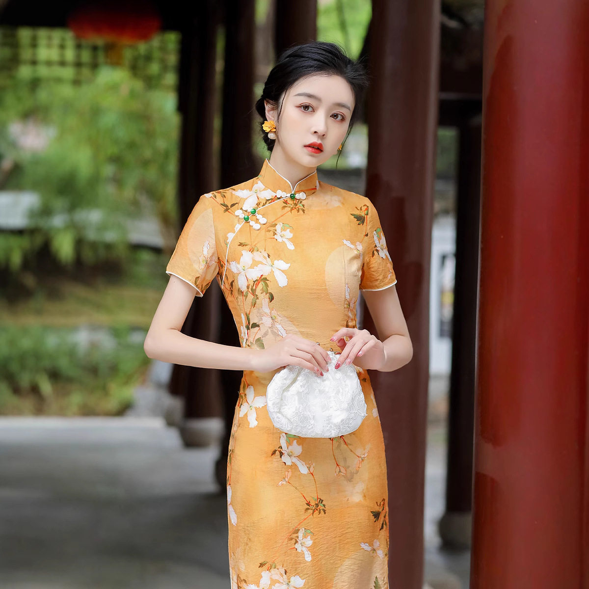 2026新款春夏优雅修身显瘦复古宴会长款双层丝麻印花短袖旗袍裙高