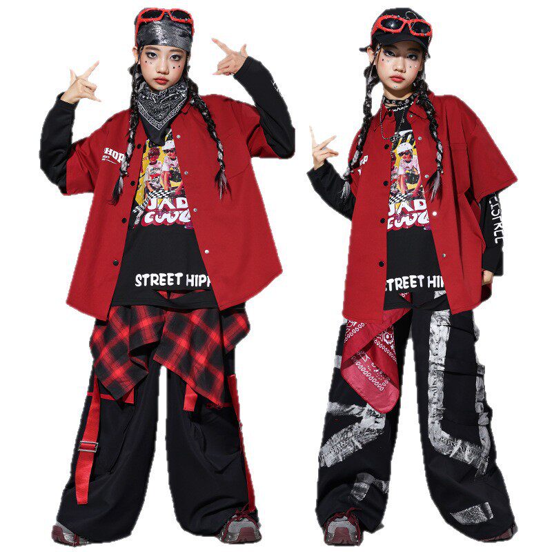 2026新款儿童街舞演出服少儿hiphop嘻哈套装男童红色衬衫服