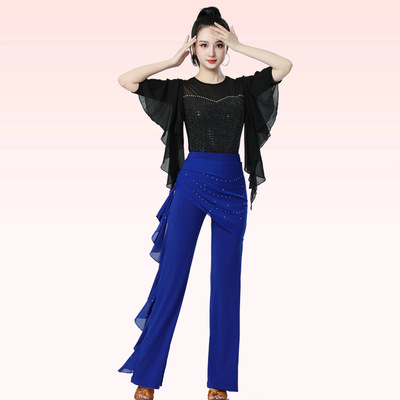 2026新款广场舞服装女摩登舞演出服修身拼接烫钻荷叶边飞飞袖舞蹈