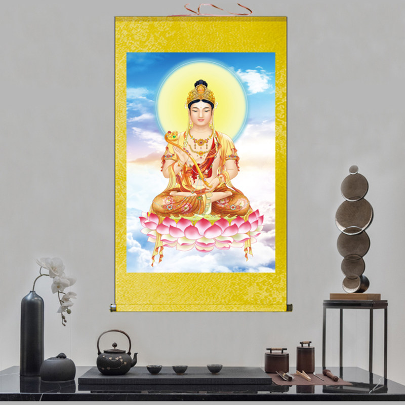 文殊菩萨画像普贤菩萨挂画居家客厅装饰画佛堂供奉佛像丝绸卷轴画