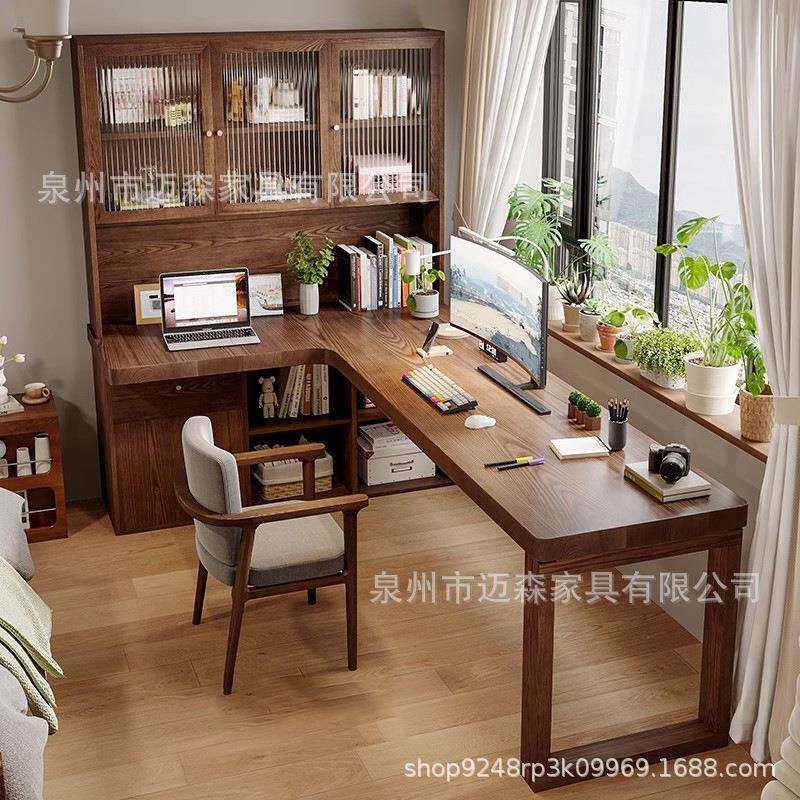 实木转角电脑桌书桌书柜一体台式桌l型学习桌卧室靠窗台桌工作台