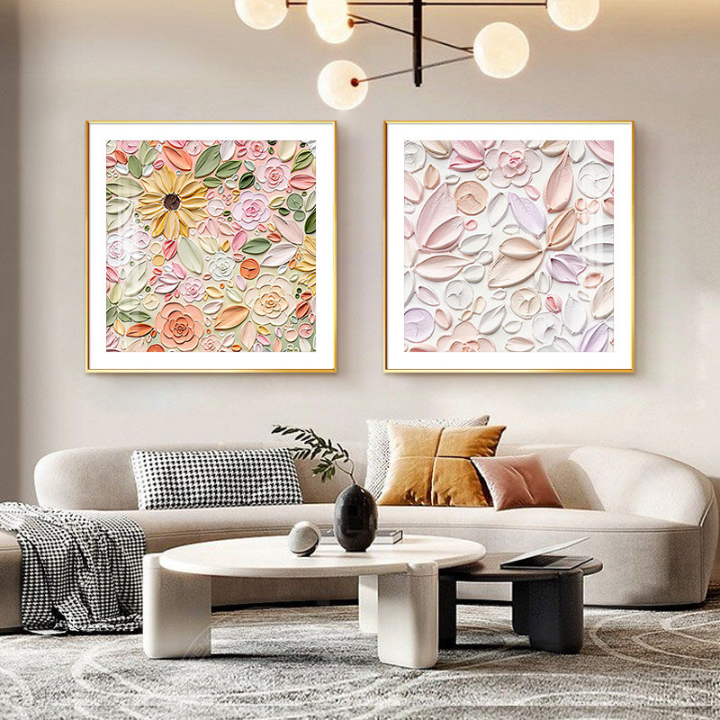 抽象花卉客厅装饰画沙发背景墙组合挂画肌理手绘油画饭厅卧室壁画