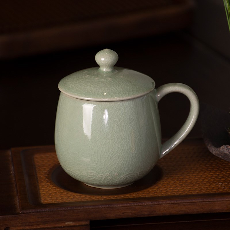 茶杯办公室会议室泡茶带盖汝瓷茶具粉青开片可养龙饮杯300ml