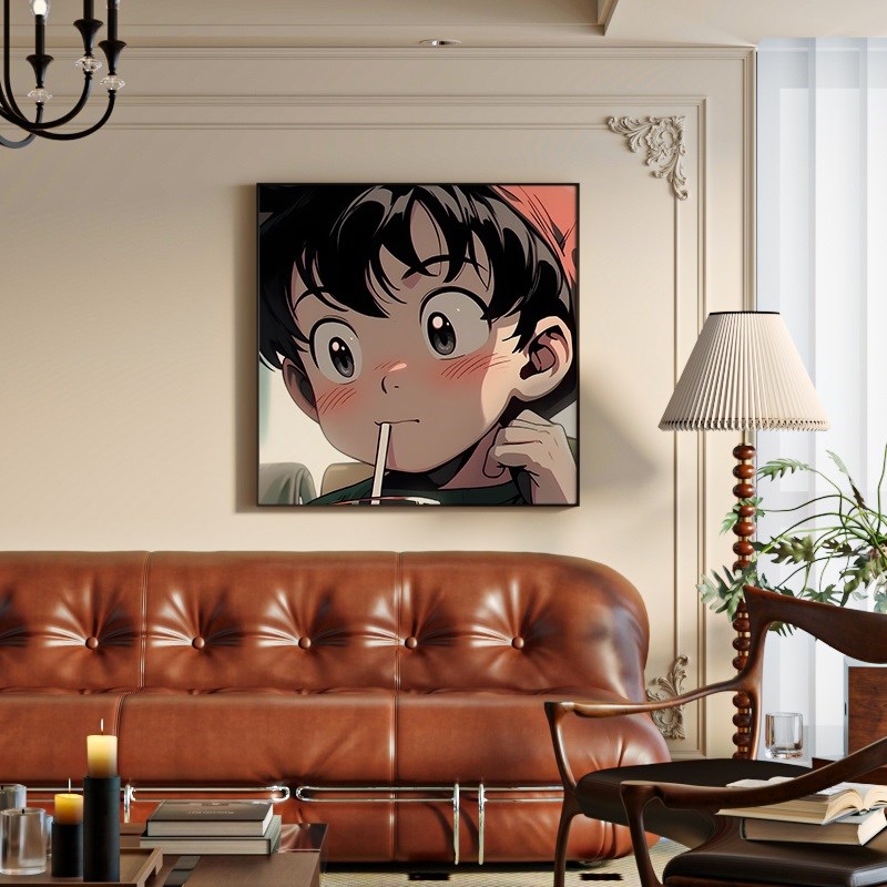 卧室饰奇可爱动画奶油风现代方形画卡通装波漫床头客厅挂画壁画