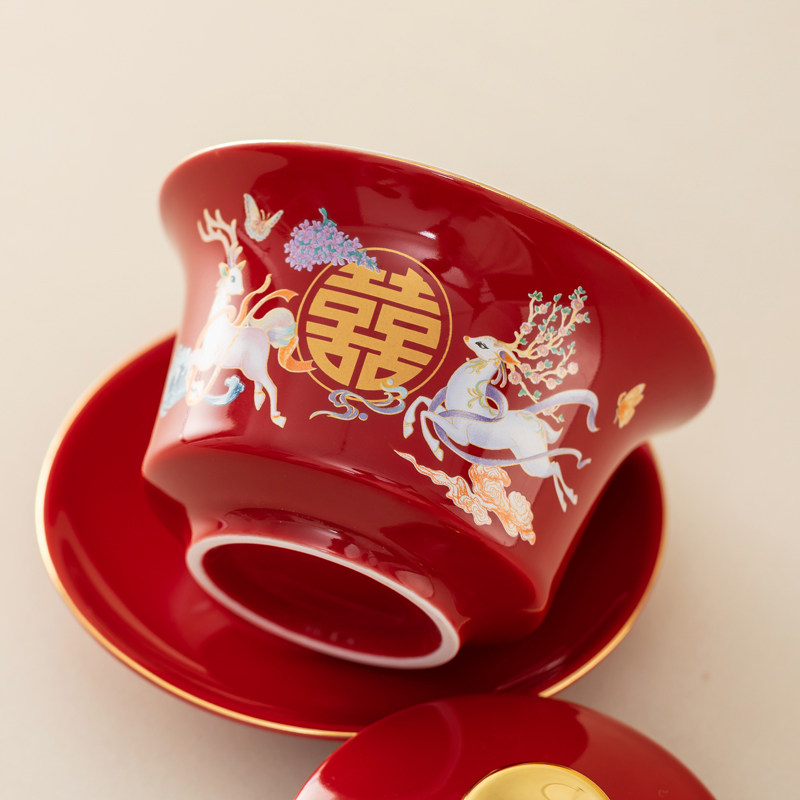 结婚碗筷茶装陪嫁改口敬套杯喜碗红色红碗对碗婚大用品礼全