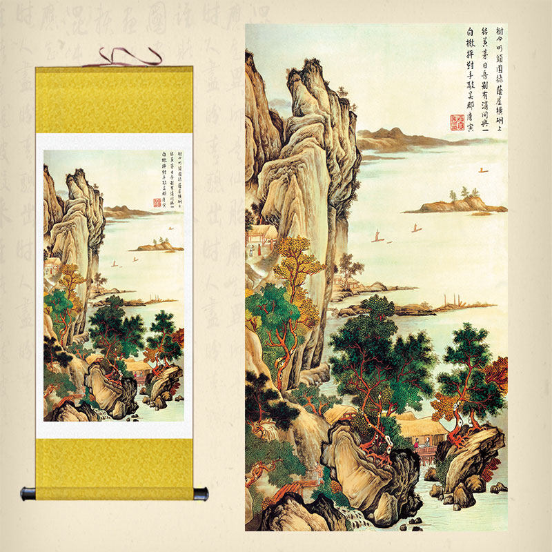 唐寅山水画挂画唐伯虎女儿山卷轴画书房客厅风景丝绸画仿古装饰画