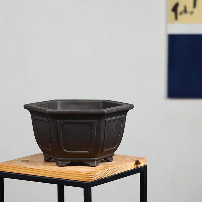 玖紫轩精品紫砂花盆六方古铜泥盆景大号老桩黄杨金弹子松柏古典盆