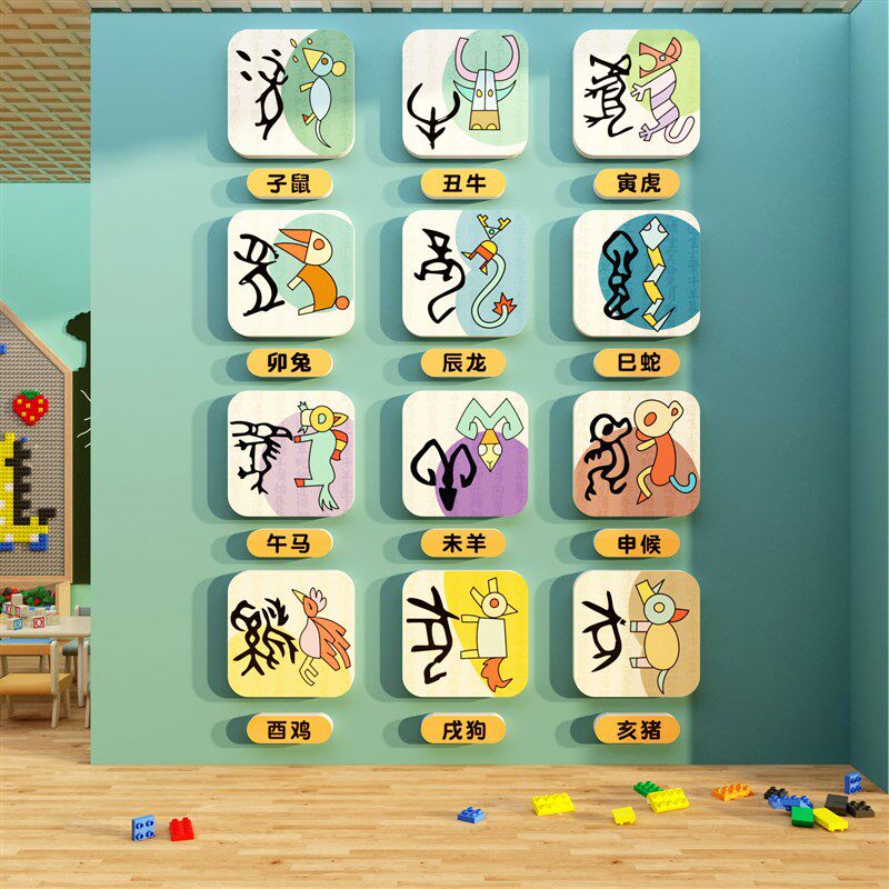 十二生肖贴纸甲骨文象形字幼儿园墙面装饰创意画环创主题成品文化,家居饰品,文化墙贴,淘宝优惠券,粉丝福利购,淘宝优惠卷