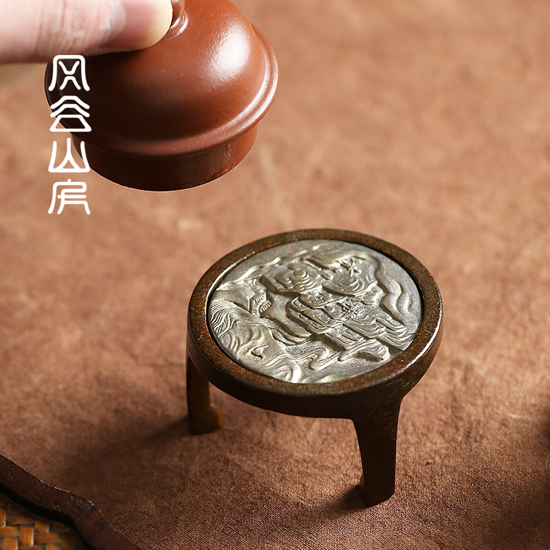 手工复古铜盖置创意江山图案紫砂壶盖托茶壶盖子搁置功夫茶具零配