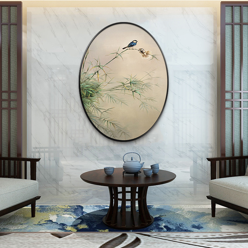 手绘椭圆形竹子喜鹊油画玄关装饰画餐厅过道茶室卧室花鸟圆形挂画