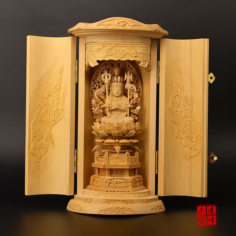 小叶黄杨雕木神刻千手观音佛龛生肖鼠守护雕本命佛手工精雕工艺品