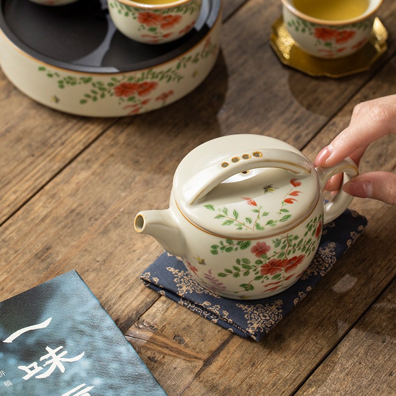 汝窑大红花茶壶泡茶家用开片陶瓷茶具定制汉瓦壶功夫泡茶壶单壶