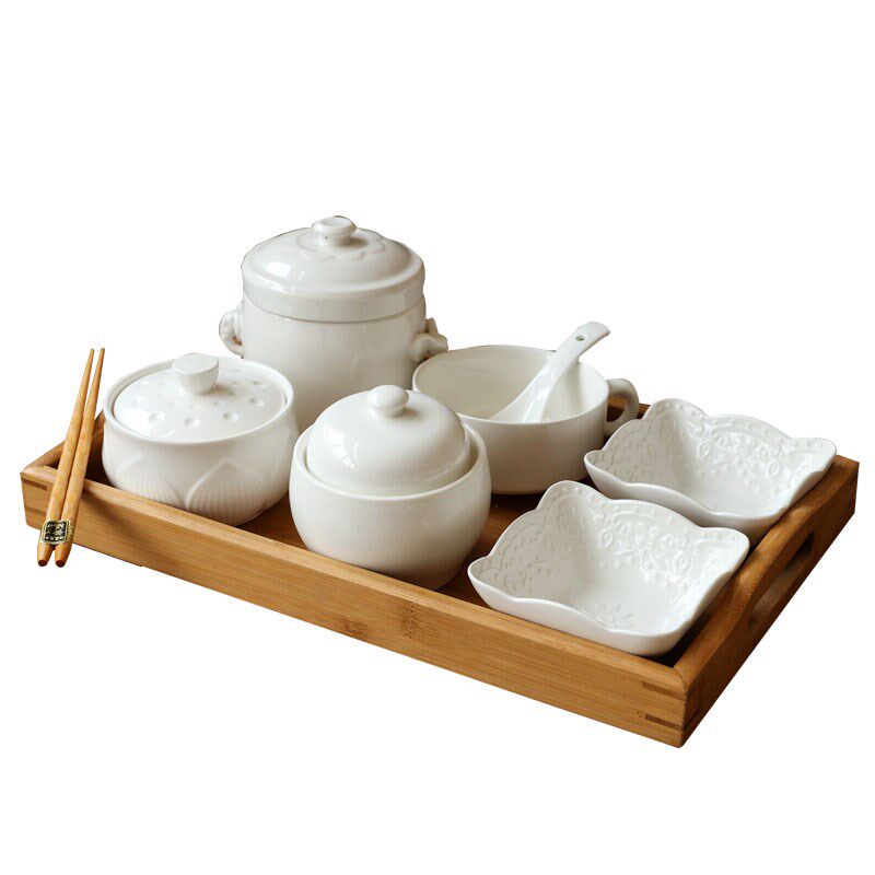 月子套餐陶瓷一人食餐具一人份汤盅分餐碗盘套装月子会所产妇带盖