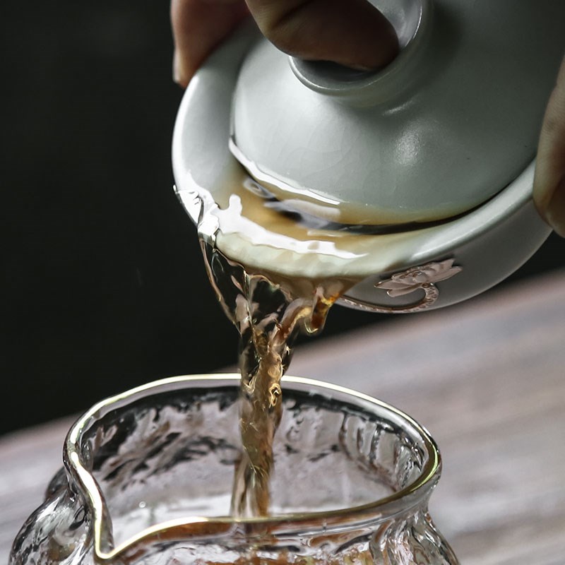 汝窑手工镶嵌银三才盖碗茶杯开片家用陶瓷功夫茶具大号泡茶套装