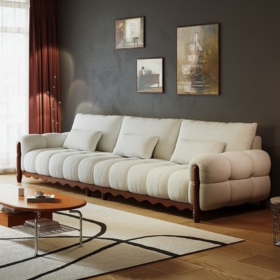 复古风实木高脚布艺沙发小户型客厅直排设计师波浪款原木风沙发