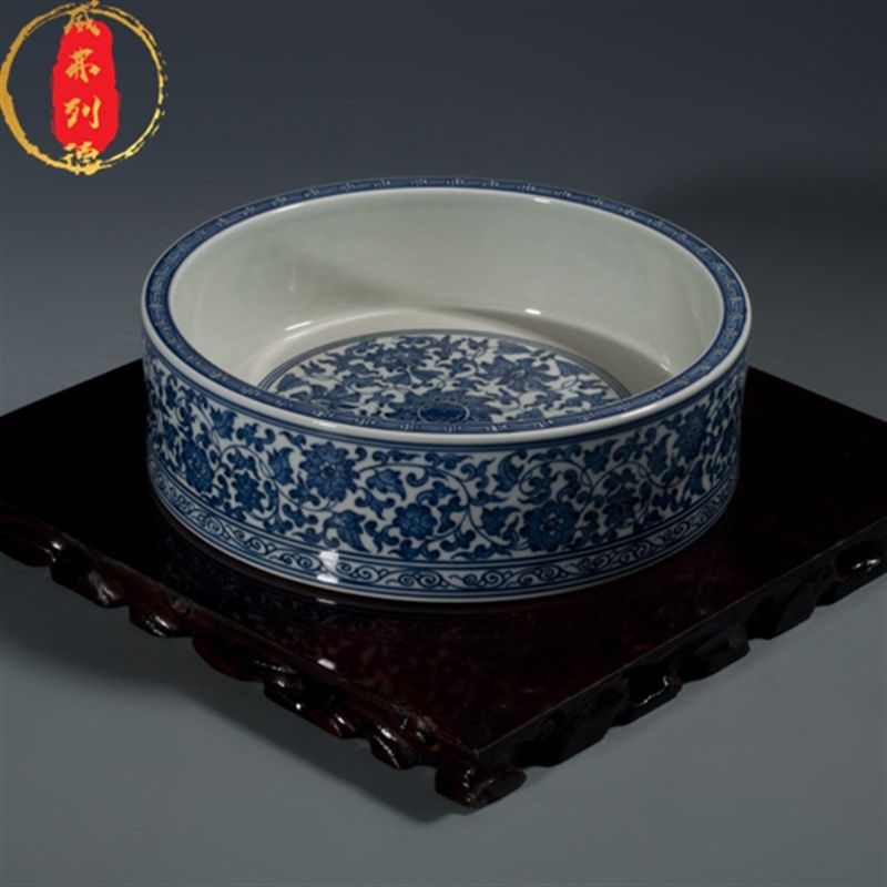 威景列德笔洗茶洗文房四宝仿古装饰台面弗德青陶瓷手工镇花瓷摆件