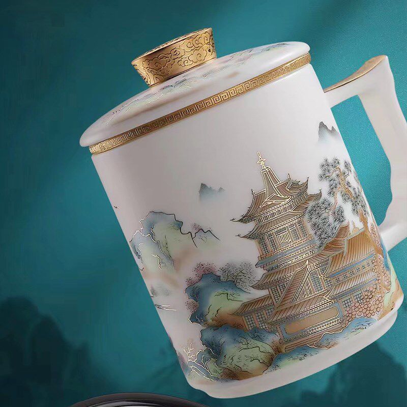 高档千里江山茶杯羊脂玉瓷杯子带盖茶水分离泡茶杯白瓷办公杯水杯