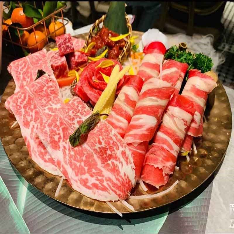 玫瑰金圆形锤边盘拼盘盘猪颈肉餐盘沙拉餐盘不锈钢盘子圆形锤印盘