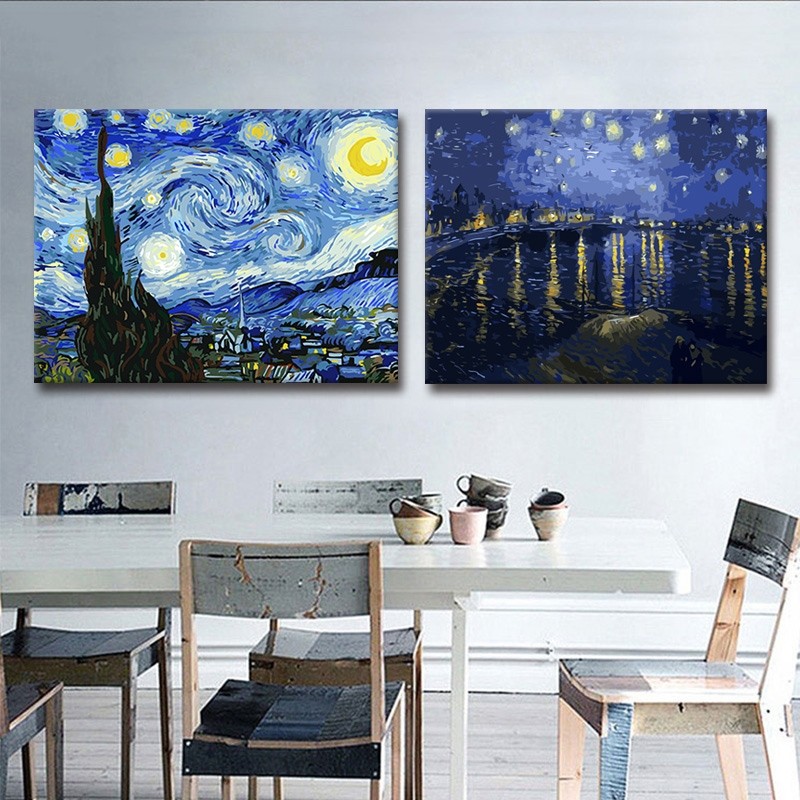 星高世界名画星夜充iy数字油彩画罗纳河上的梵夜手绘填d装饰油画