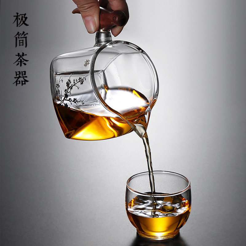 四方喜鹊侧把透明公道杯玻璃加厚耐热分茶器茶海公杯功道茶具配件