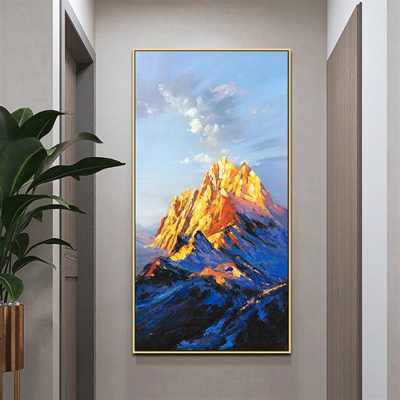 手绘油画玄发客厅装背画日照金山书房办公室竖幅饰靠山图沙关挂画