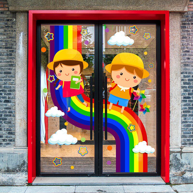 学虹幼儿园玻璃门贴迎双语彩校卡通推拉大门纸客蓝天白云装饰静电