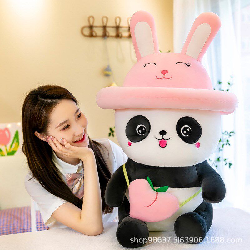 新款卡通动物公仔子子兔桃耳兔粉熊猫毛绒玩具庙会抓机娃娃