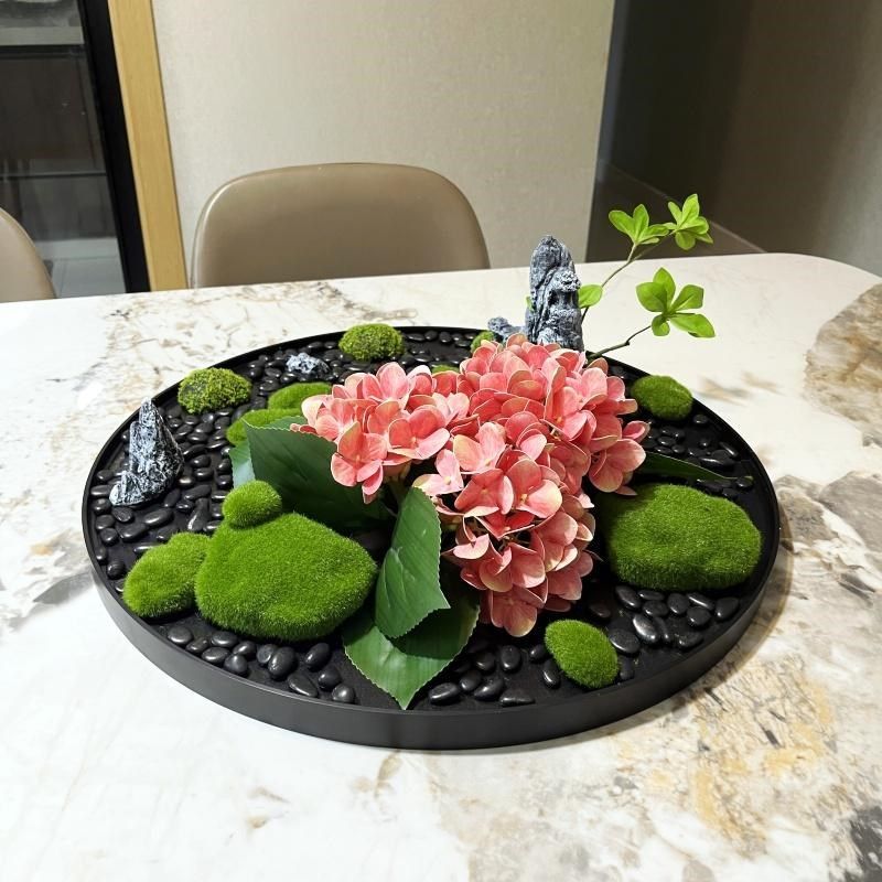酒店包间圆形中桌装盘餐间转饰摆件假山手感绣球假花艺微景观盘景