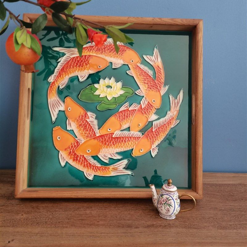 手绘立体浮雕瓷茶画陶瓷托盘花盘茶卉花鸟板托盘瓷板画非遗