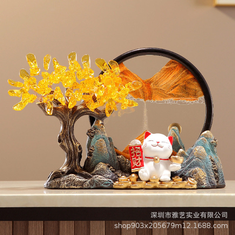 发财树招财猫创意文创摆件客厅酒柜装饰品流沙招财树脂工艺品批发