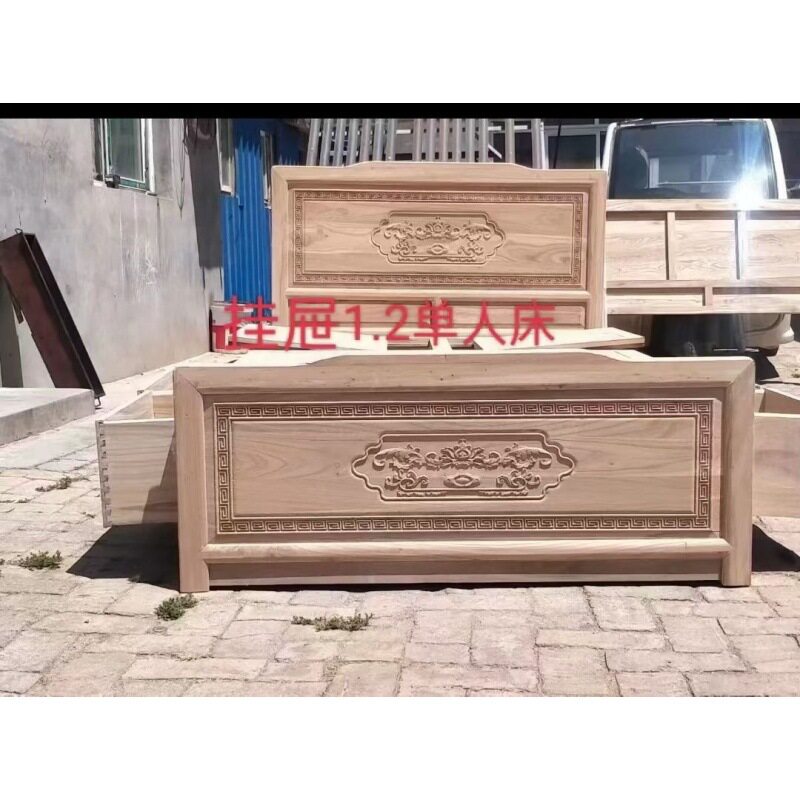 新中式单人床全实木大床主卧纯实木复古古典雕花原木白茬工厂批发
