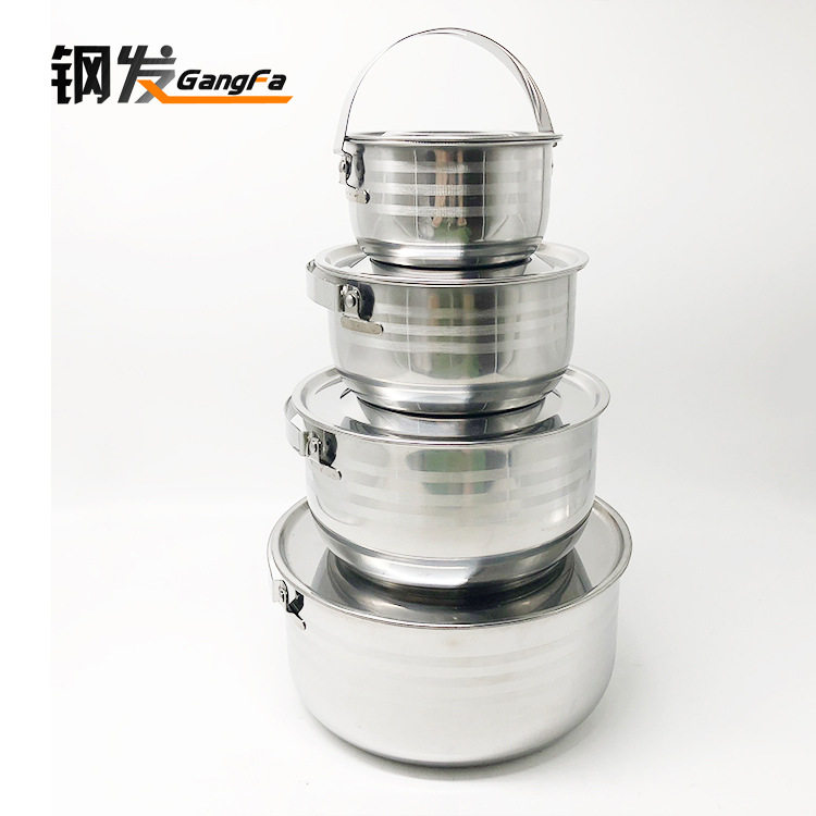 不锈钢轻便锅户外套锅单底/复底韩式户外锅具4件套户外炊具套装