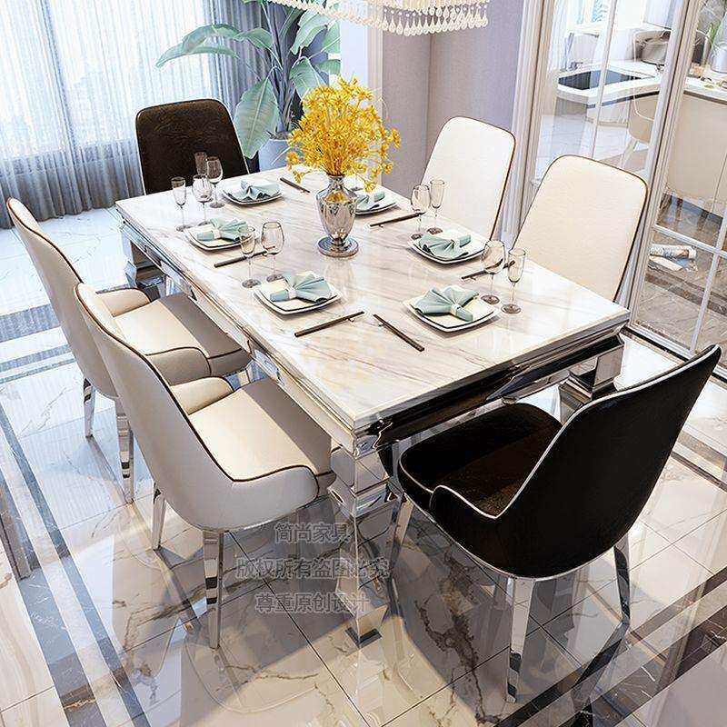 大理石餐桌椅组合简约现代高档不锈钢桌子6人餐厅时尚简欧式餐台