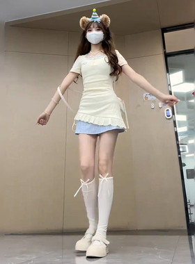 法式黄色假两件挂颈吊带洋装子女夏季2026年新款多巴胺包臀短裙