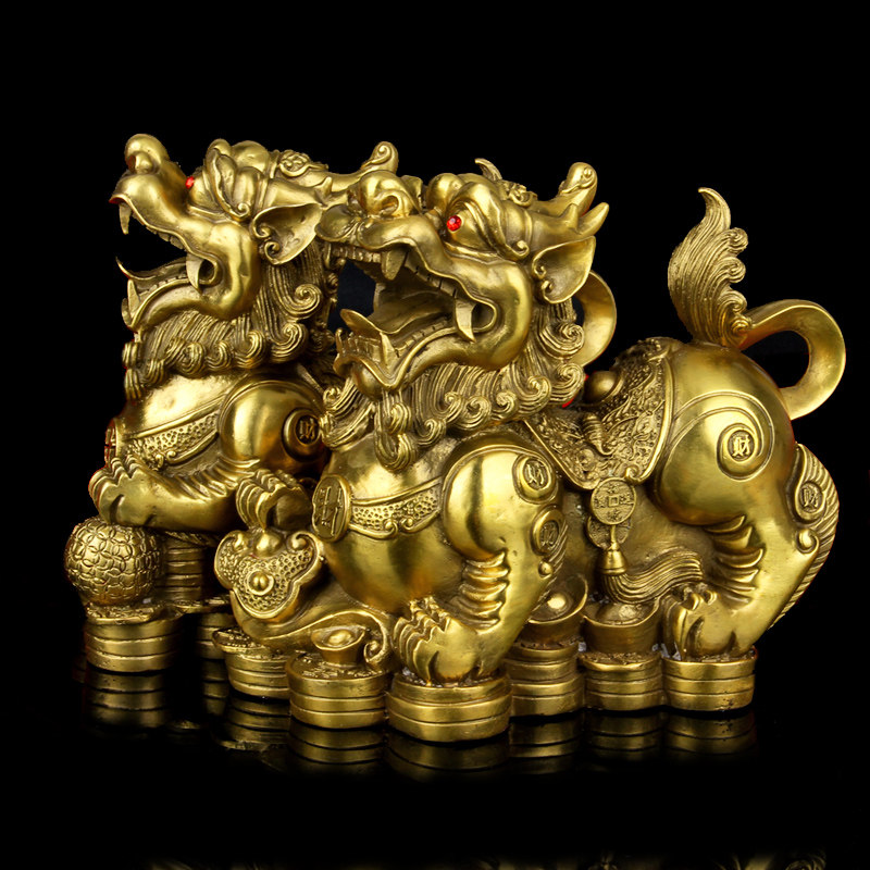黄铜金钱貔貅摆件大号一对雌雄皮休工艺品聚宝盆摆设