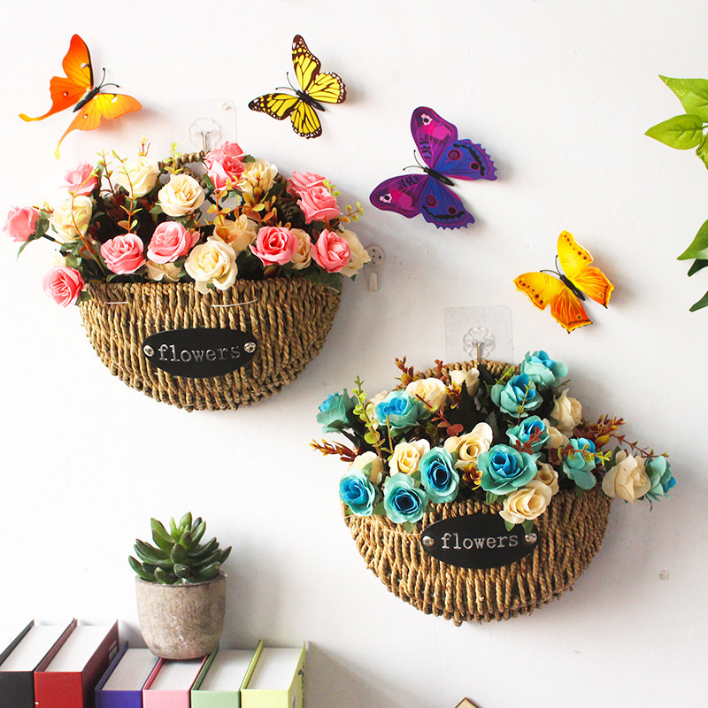 墙上装饰花篮草编挂篮壁挂花盆藤编篮子仿真花干花客厅走廊悬挂件