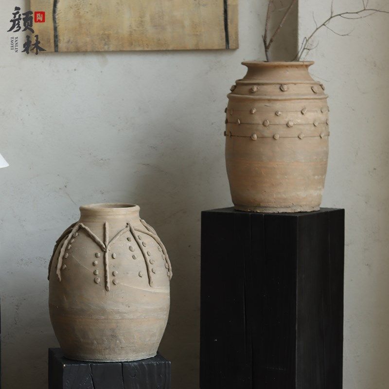侘寂风花瓶摆件仿古手工土陶罐子软装饰品陶罐干花器民宿装饰陶罐