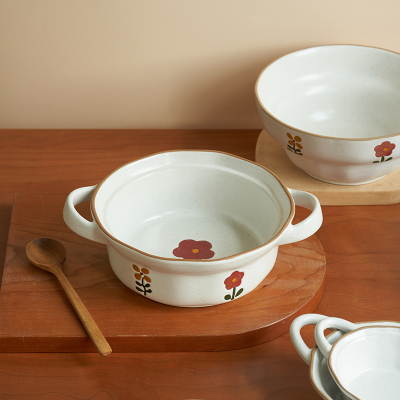 肆月田园风双耳大碗家用陶瓷汤碗釉下彩泡面 面碗带把碗单个大号