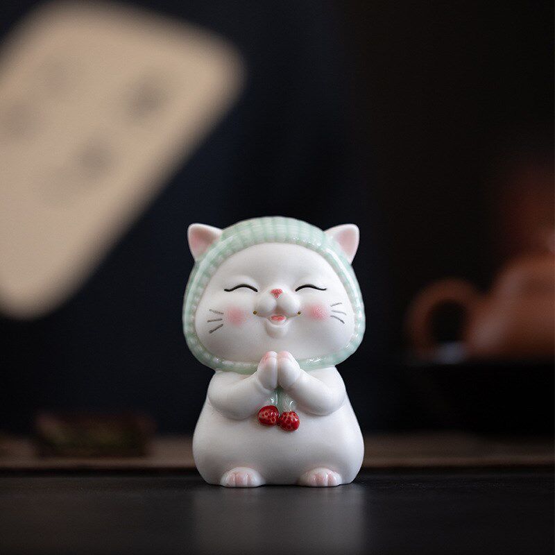 可爱卡通陶瓷招财许愿猫咪小摆件客厅办公室桌面装饰汽车载工艺品