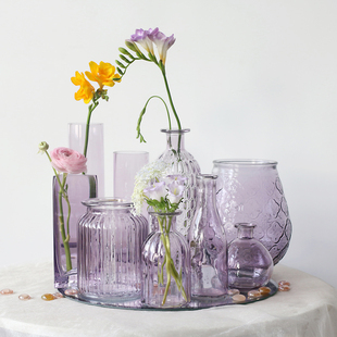欧式紫色浮雕玻璃花瓶复古宫廷风小号清新仙女风民宿装饰拍照道具