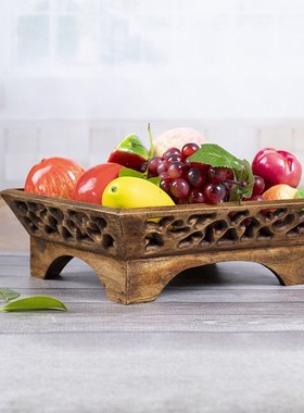泰国木雕创意水果盘实木镂空带脚果盘客厅茶几复古装饰摆件