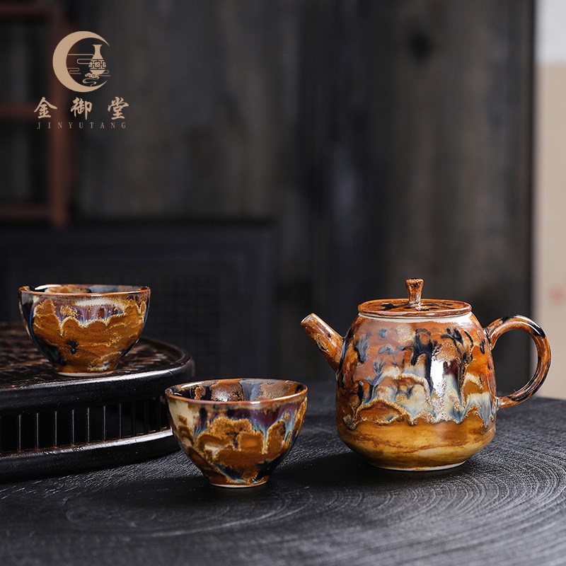 手工仿古柴烧壶家用陶瓷泡茶壶窑变浮雕过滤中式功夫茶具一壶二杯