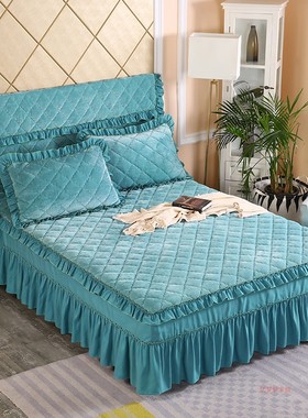 秋冬保暖法莱绒夹棉床裙珊瑚绒床笠单件床罩加厚床套法兰绒床头罩