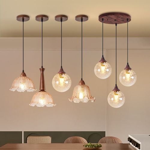 新款中古风复古法式浪漫餐桌吧台小吊灯胡桃实木冰裂纹卧室床头灯