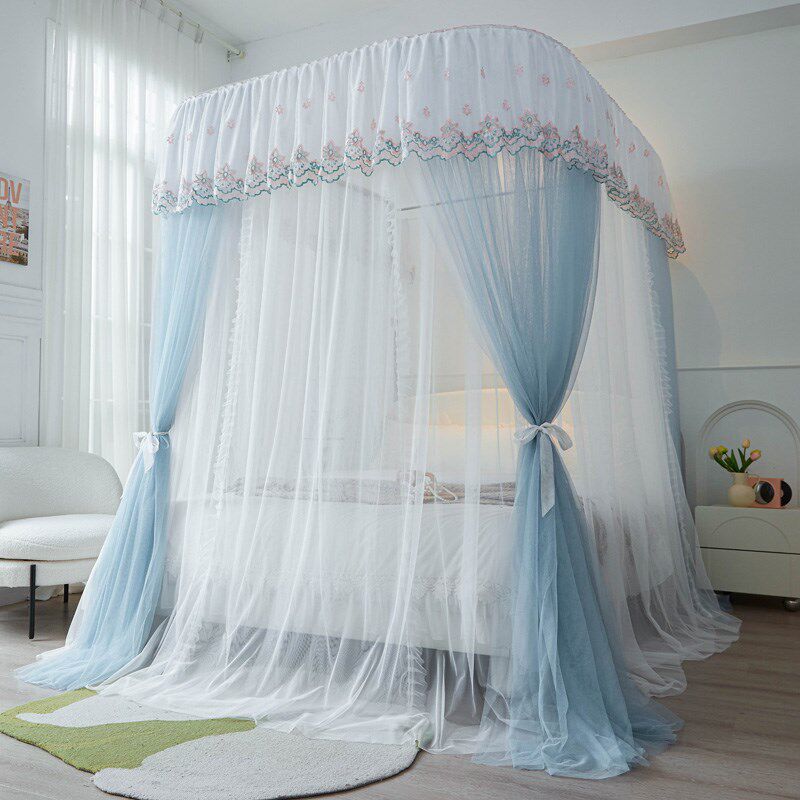 公主风法式花边刺绣双层纱蚊帐U型伸缩支架加厚加密落地宫廷3开门