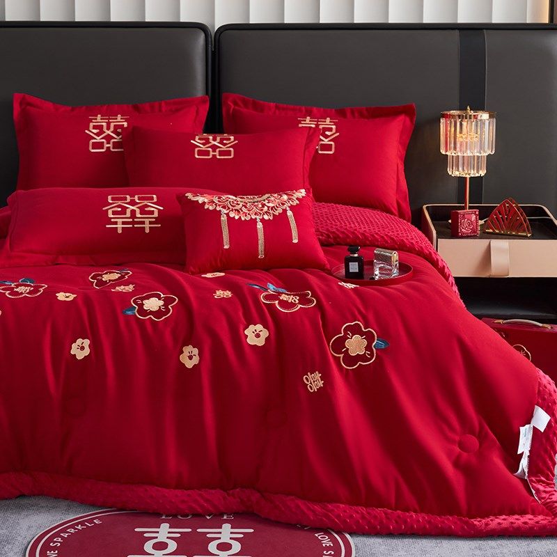 结婚大红色双面豆豆绒毛毯四季可用加厚保暖女方陪嫁喜被送新人礼